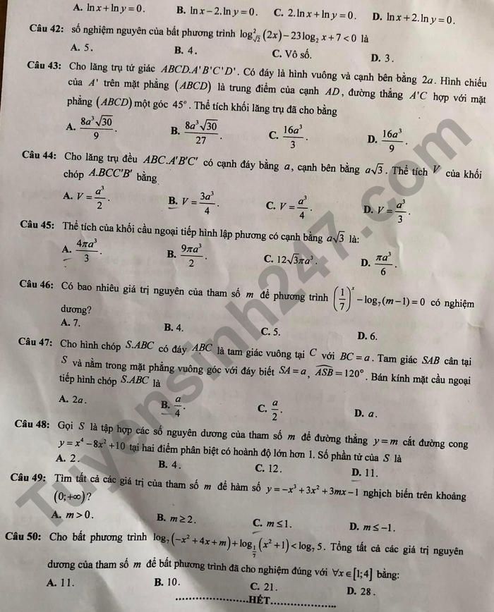 De thi ki 1 nam 2021 - 2022 Toan lop 12 - THPT So 1 Bao Yen