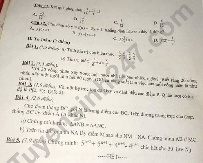 De thi hoc ki 1 mon Toan 7 THCS Tran Phu nam 2021 - 2022