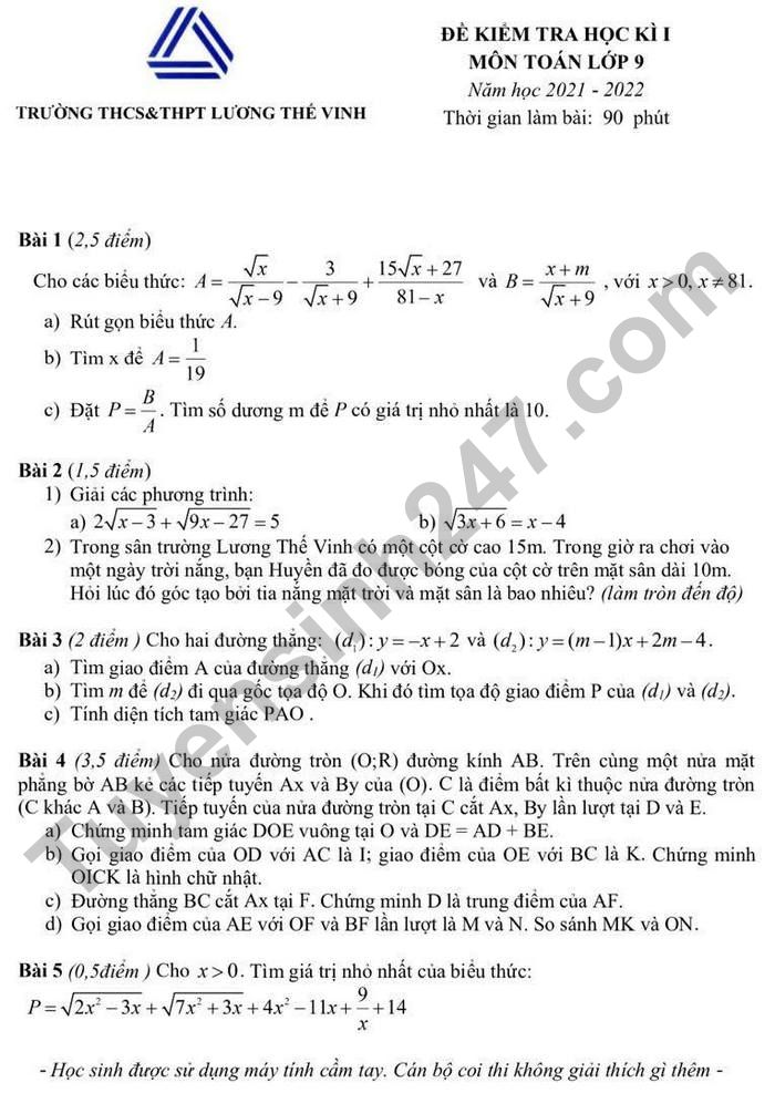 De thi hoc ki 1 Toan lop 9 THCS&THPT Luong The Vinh 2021