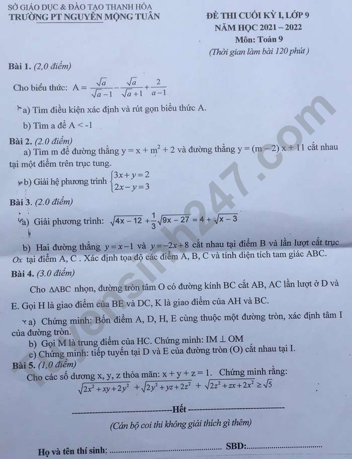 De thi cuoi ki 1 lop 9 nam 2021 mon Toan - PT Nguyen Mong Tuan