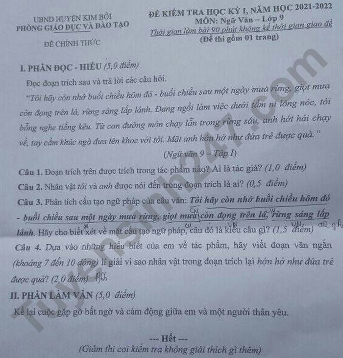 De thi hoc ki 1 lop 9 mon Van 2021 - Huyen Kim Boi