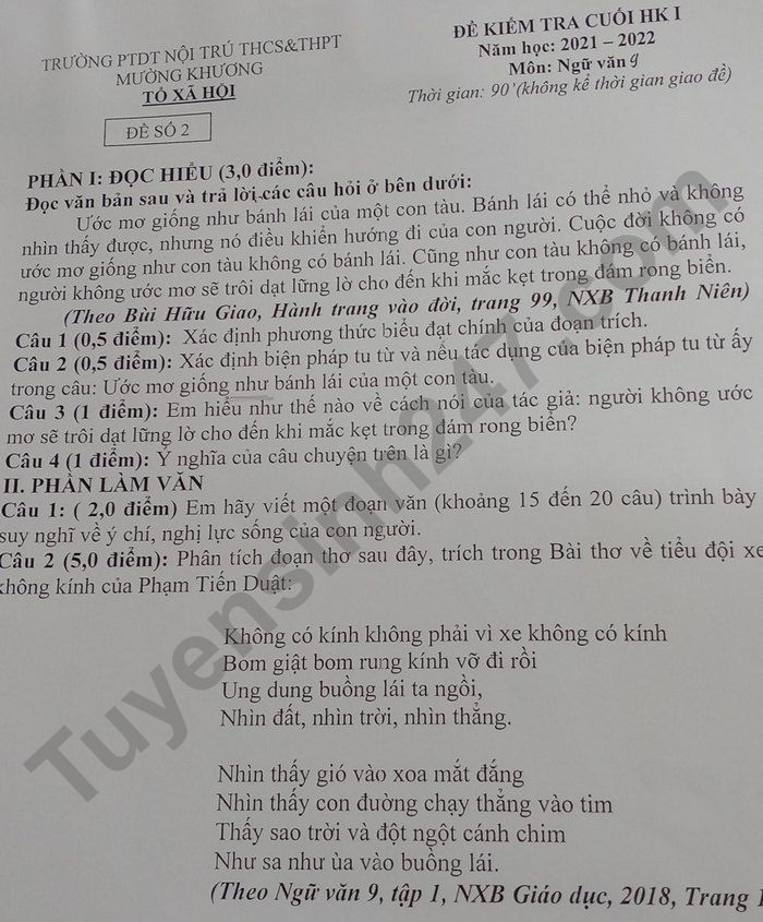 De thi ki 1 mon Van 9 nam 2021 - PTDTNT THCS&THPT Muong Khuong