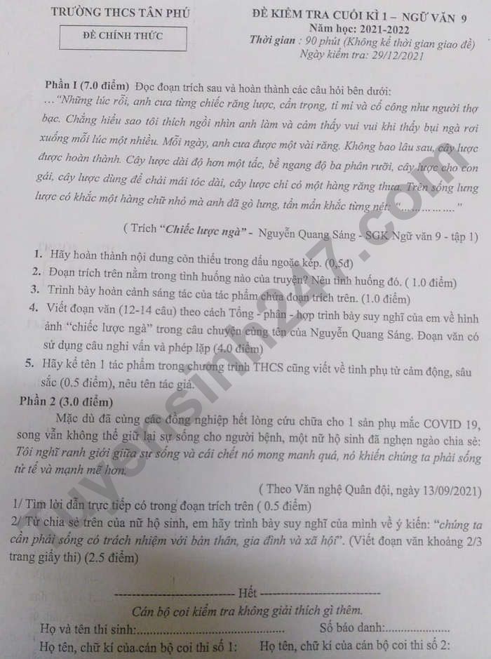 De thi cuoi ki 1 THCS Tan Phu 2021 - mon Van lop 9