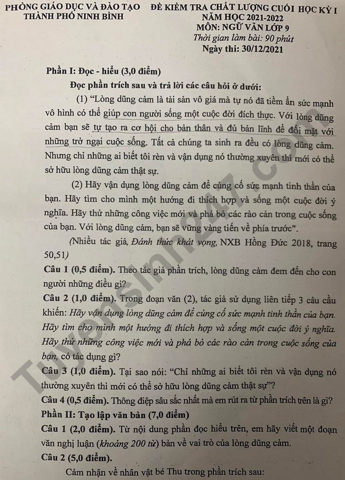 De thi hoc ki 1 nam 2021 Van lop 9 - TP Ninh Binh