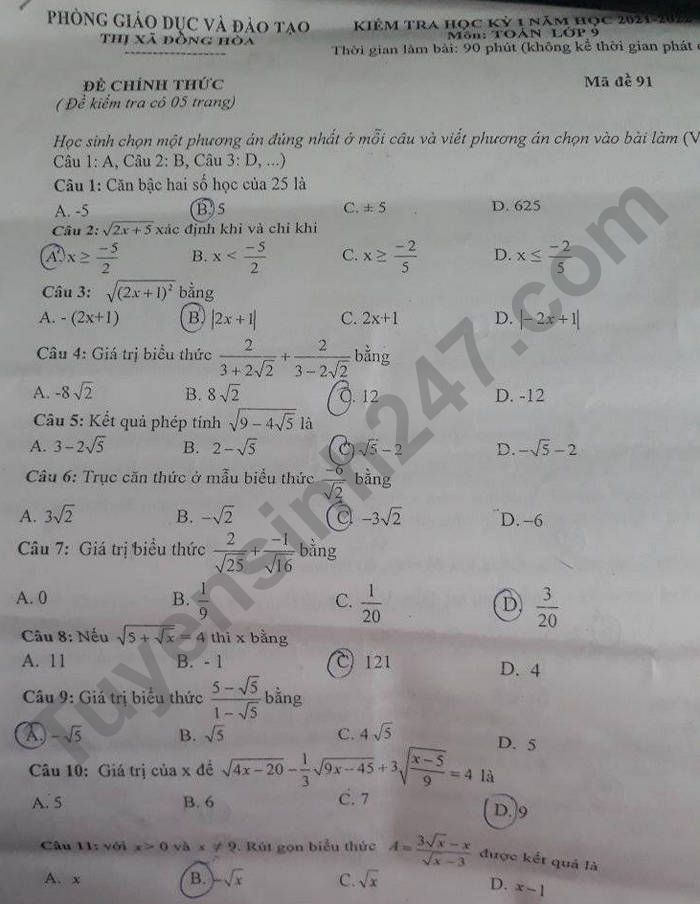 De kiem tra hoc ki 1 lop 9 mon Toan 2021 TX Dong Hoa