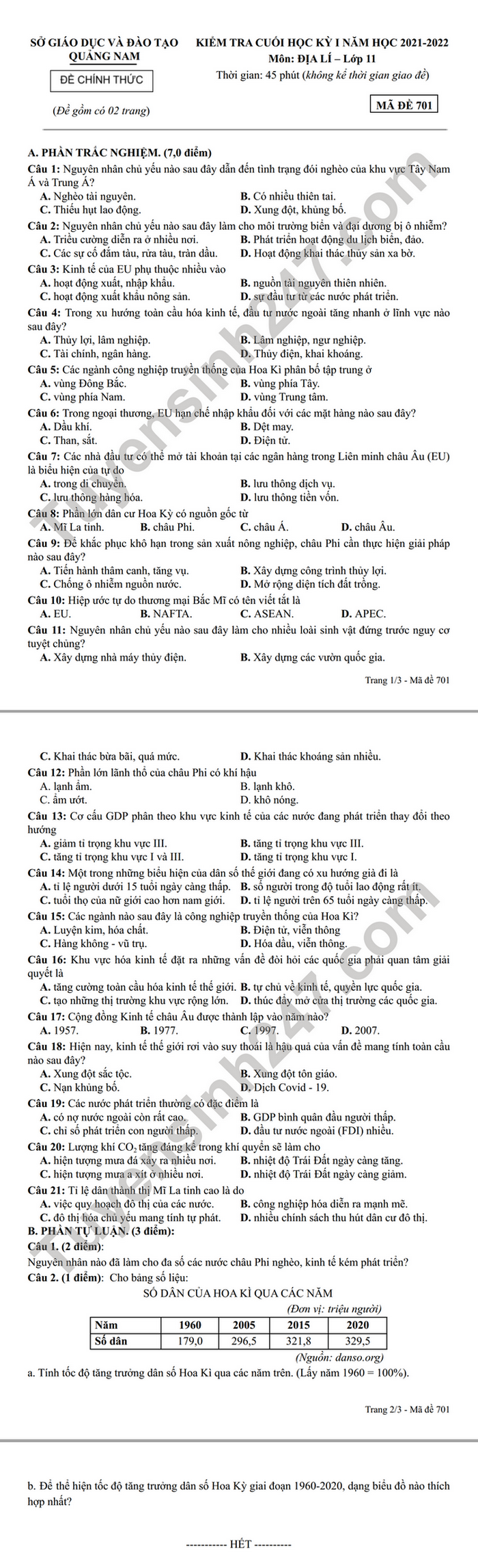 De kiem tra hoc ki 1 mon Dia lop 11 2021 - So GD Quang Nam