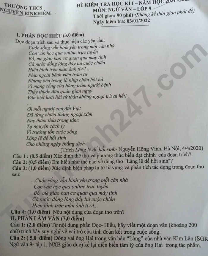 De thi hoc ki 1 mon Van lop 9 THCS Nguyen Binh Khiem 2021