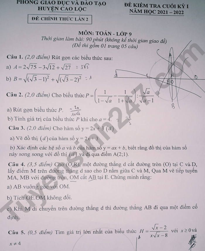 De thi ki 1 mon Toan lop 9 Huyen Cao Loc 2021