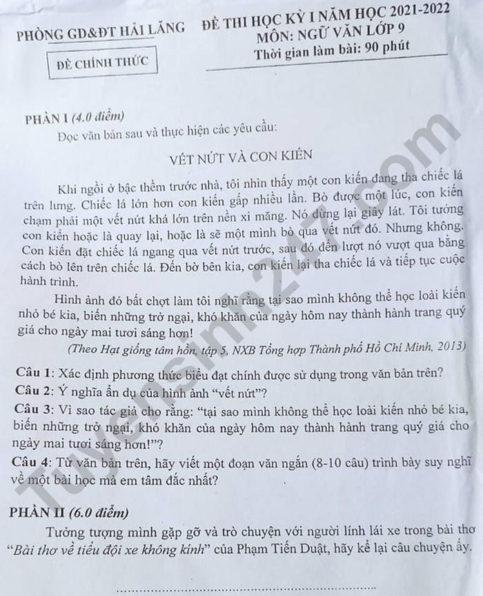 De thi ki 1 nam 2021 - 2022 lop 9 mon Van - Phong GD Hai Lang