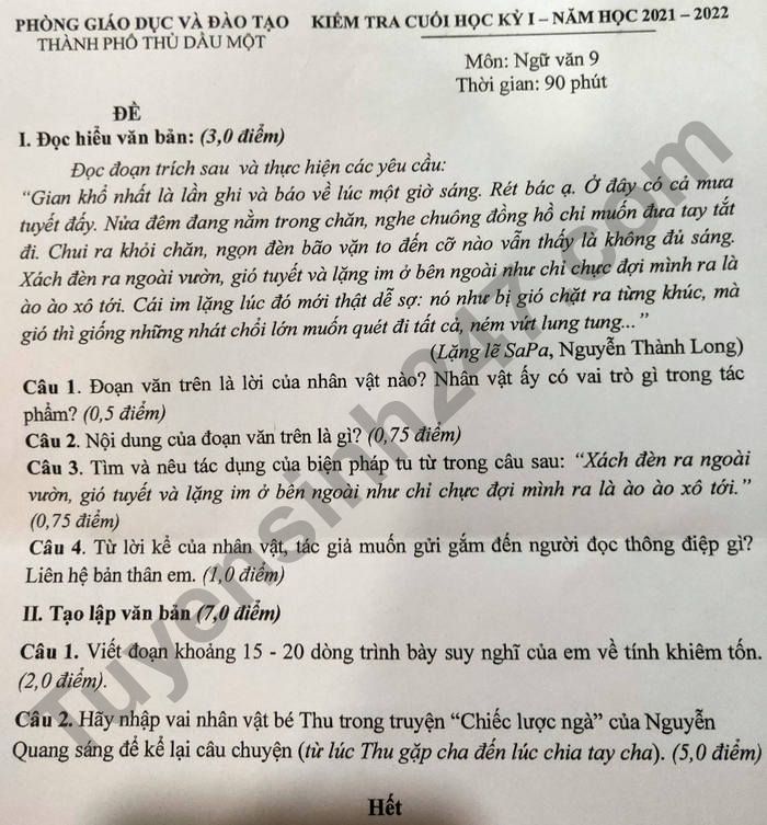 De thi cuoi ki 1 Van lop 9 - TP Thu Dau Mot 2021