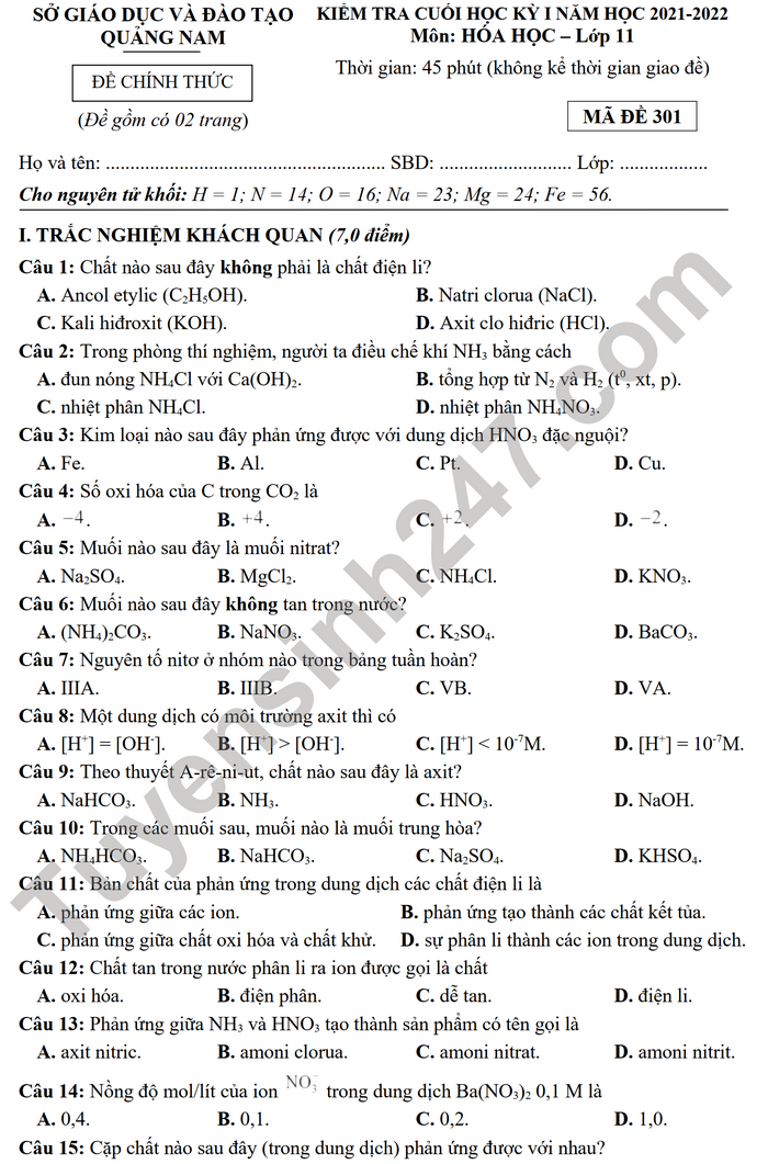 De thi ki 1 mon Hoa lop 11 2021 - So GD Quang Nam