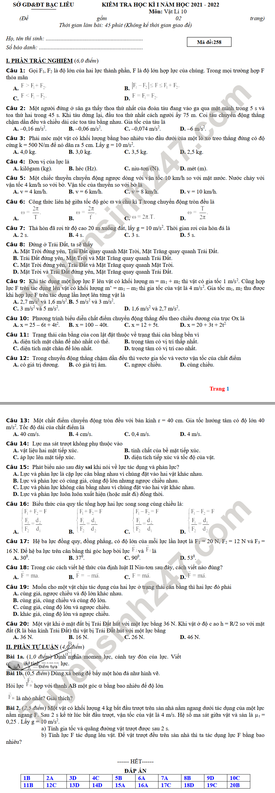 De thi hoc ki 1 mon Ly 10 tinh Bac Lieu nam 2021