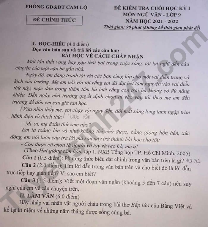 De thi hoc ki 1 mon Van lop 9 - Phong GD Cam Lo nam 2021