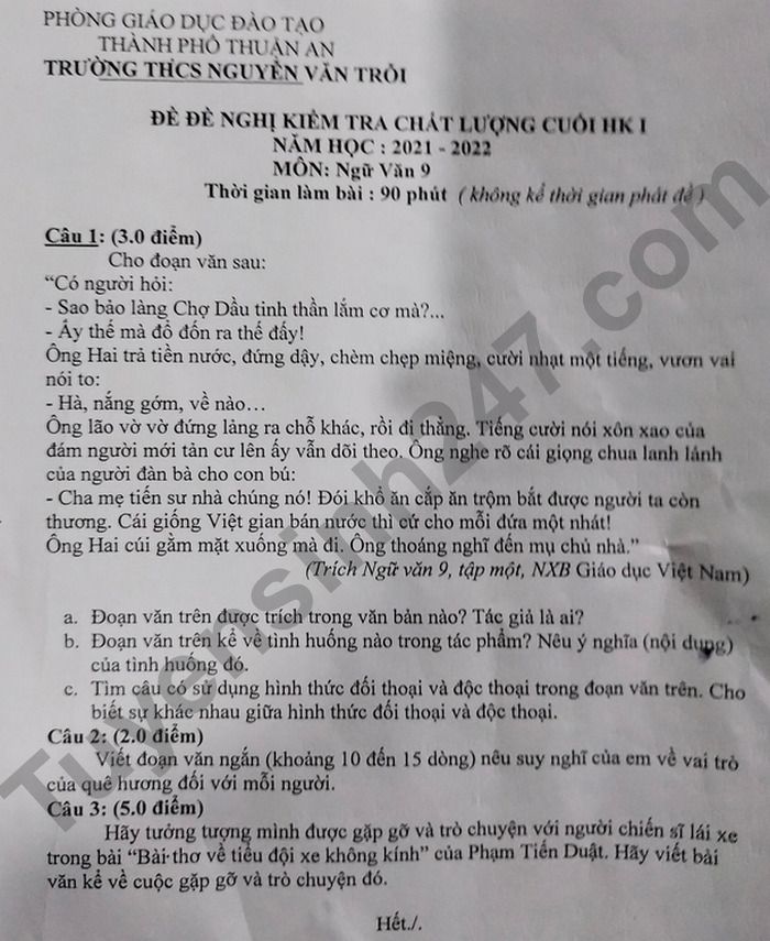 De thi hoc ki 1 mon Van lop 9 THCS Nguyen Van Troi 2021