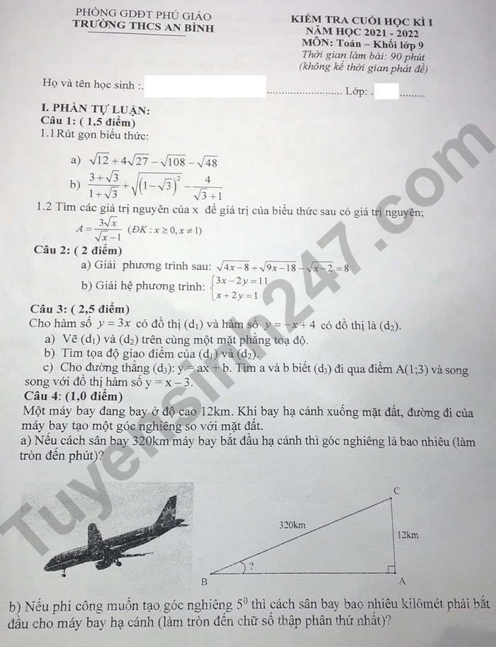 De kiem tra hoc ki 1 nam 2021 mon Toan lop 9 THCS An Binh