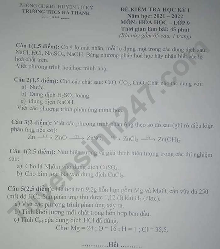 De thi hoc ki 1 mon Hoa lop 9 THCS Ha Thanh 2021