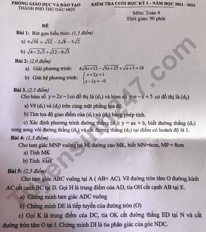 De thi cuoi ki 1 nam 2021 TP Thu Dau Mot - lop 9 mon Toan