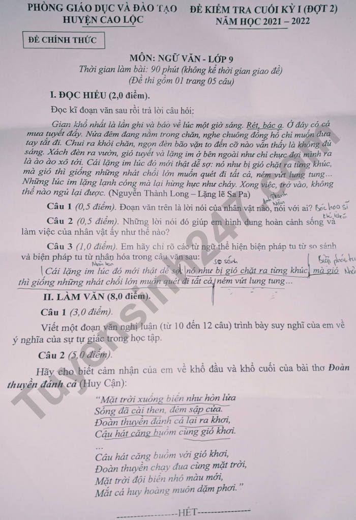 De thi ki 1 mon Van 9 Huyen Cao Loc nam 2021 - 2022