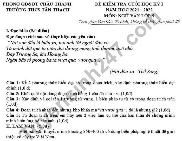 De thi ki 1 mon Van lop 9 THCS Tan Thach 2021-2022