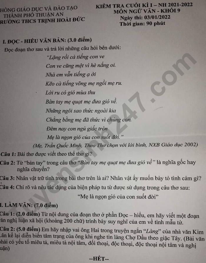 De thi cuoi ki 1 Van 9 nam 2021 THCS Trinh Hoai Duc