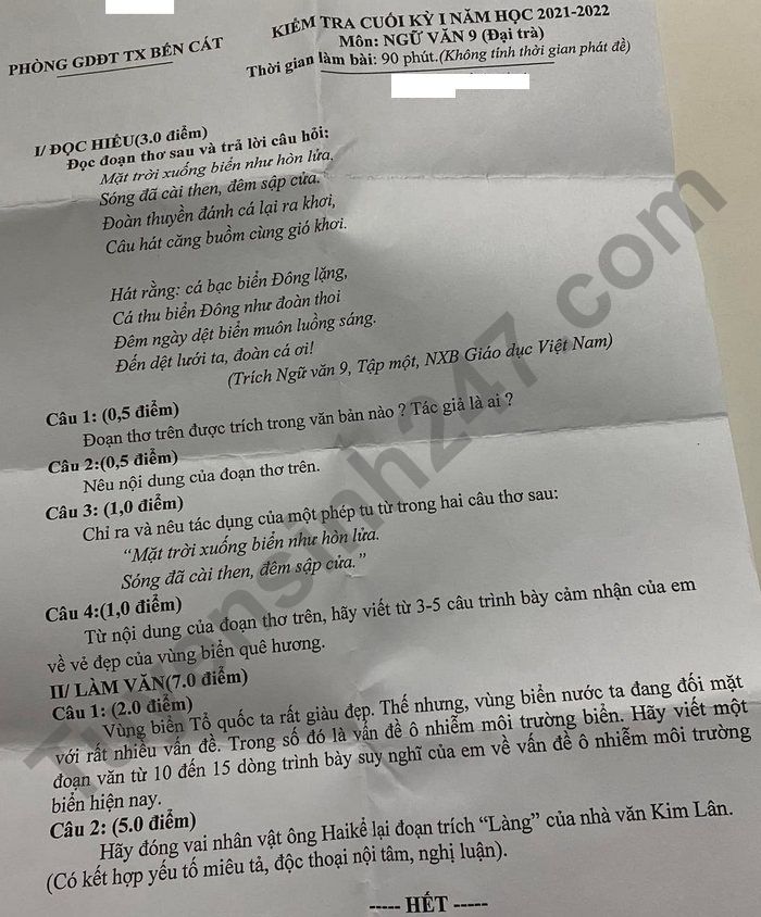 De thi cuoi ki 1 Van 9 TX Ben Cat nam 2021 - 2022