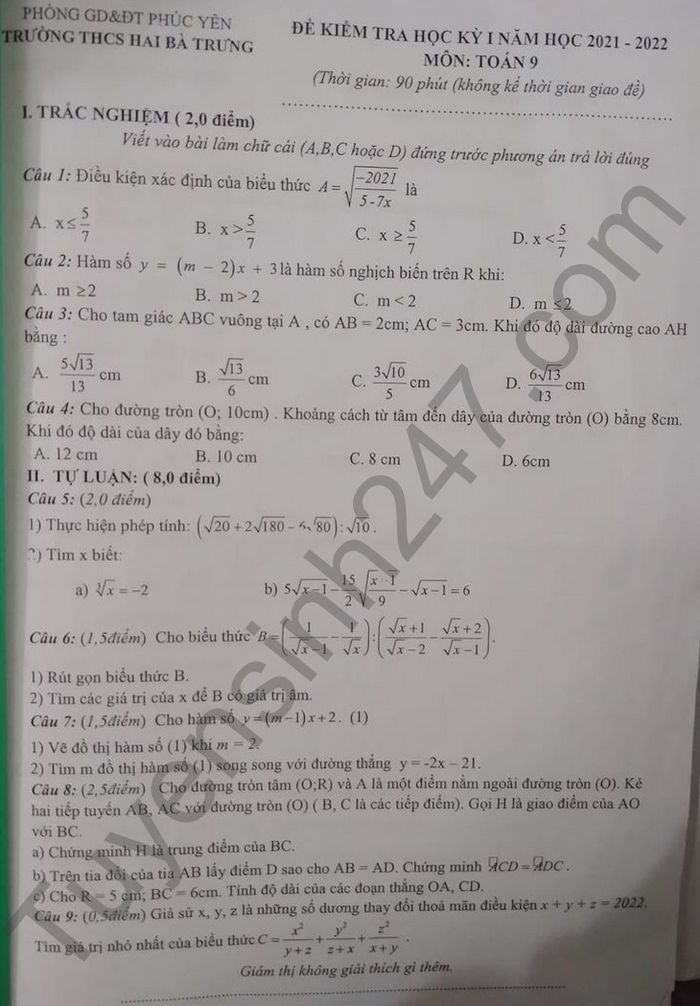 De thi hoc ki 1 Toan 9 THCS Hai Ba Trung 2021-2022