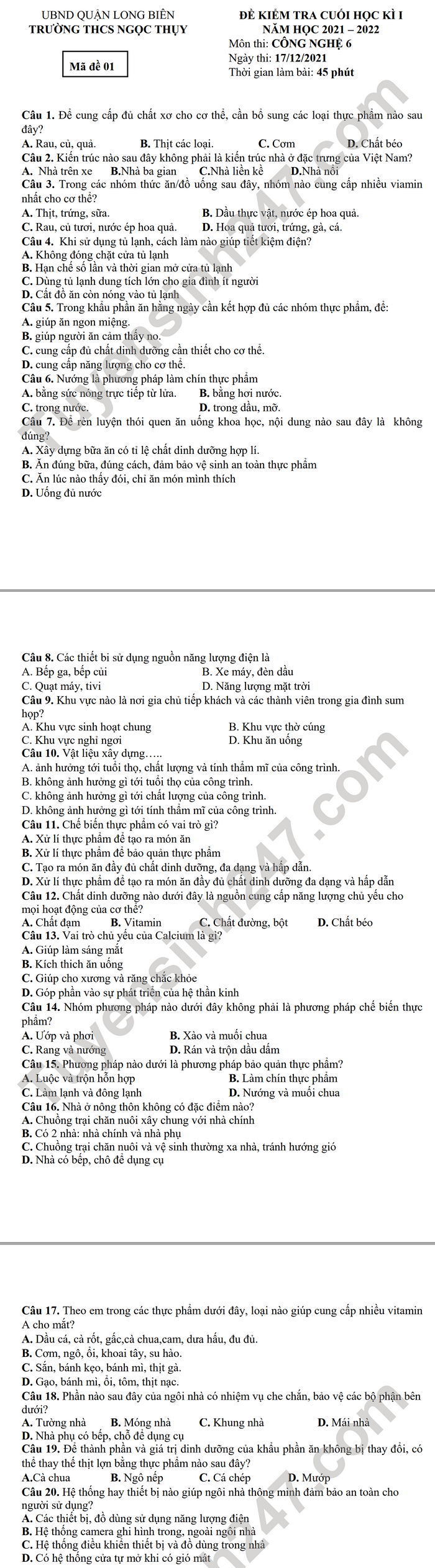 De thi hoc ki 1 mon Cong nghe lop 6 THCS Ngoc Thuy 2021