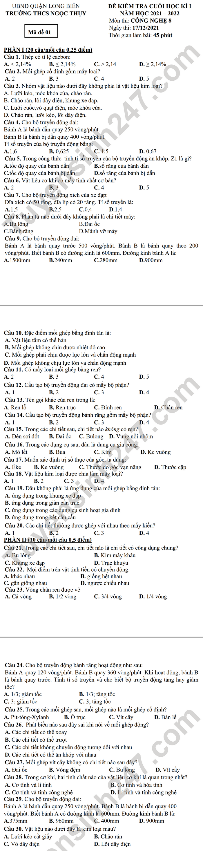 De thi hoc ki 1 mon Cong Nghe 8 THCS Ngoc Thuy 2021