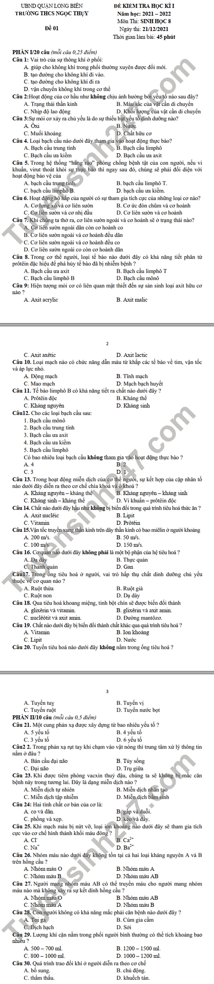 De thi hoc ki 1 mon Sinh 8 THCS Ngoc Thuy 2021