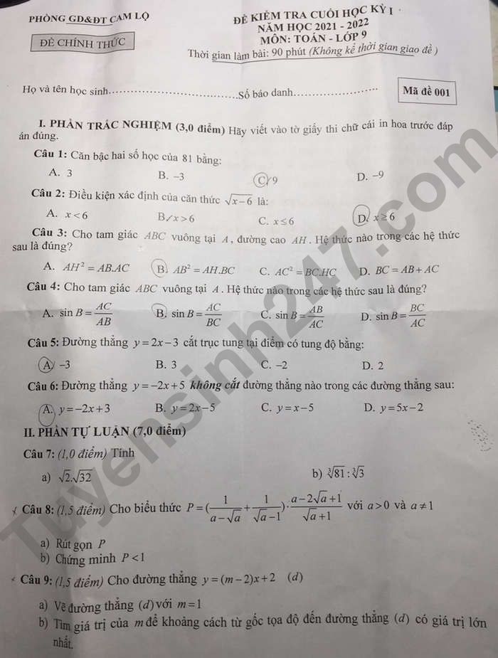 De kiem tra cuoi ki 1 lop 9 So GD Cam Lo 2021 - mon Toan