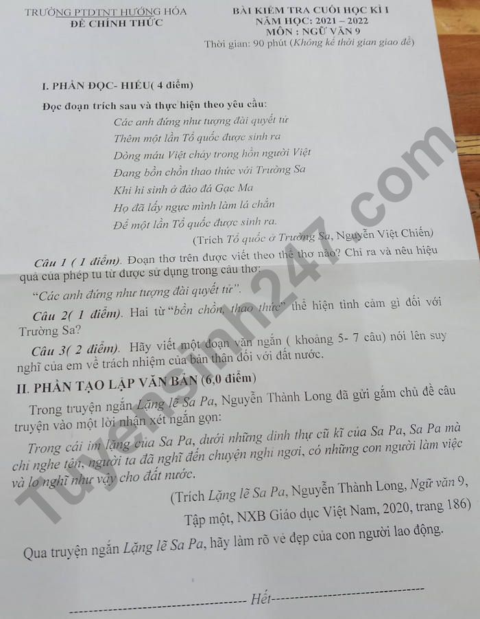 De thi hoc ki 1 mon Van 9 PTDTNT Huong Hoa 2021