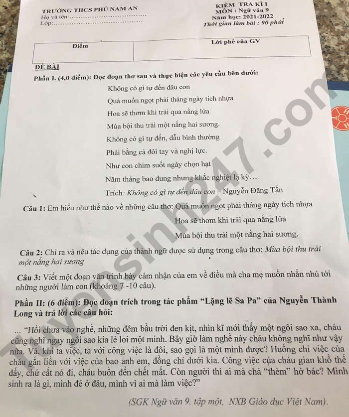 De thi ki 1 THCS Phu Nam An mon Van lop 9 2021