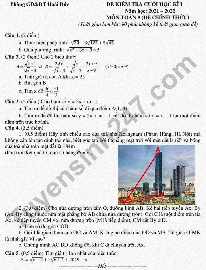 De thi hoc ki 1 mon Toan 9 nam 2021 Phong GD Hoai Duc