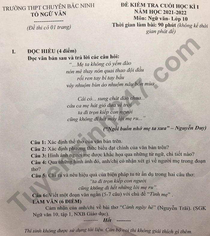 De thi hoc ki 1 Van 10 nam 2021 - THPT Chuyen Bac Ninh