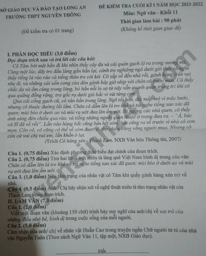 De thi cuoi ki 1 lop 11 mon Van 2021 - THPT Nguyen Thong