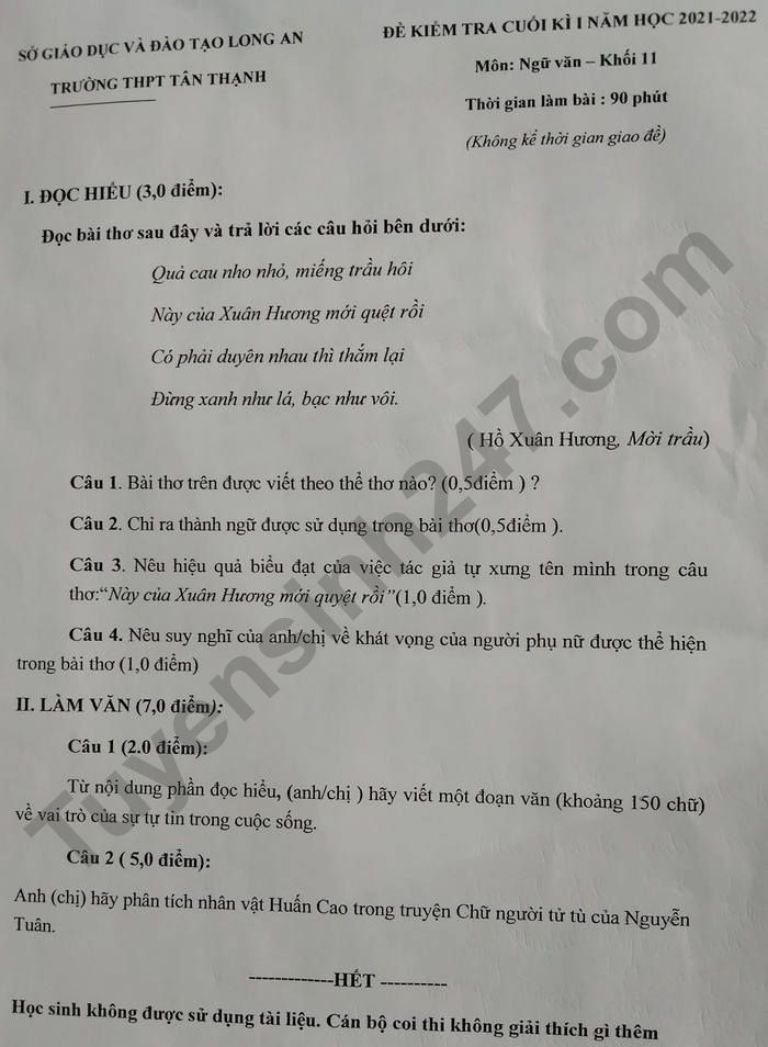 De thi cuoi ki 1 nam 2021 THPT Tan Thanh lop 11 mon Van
