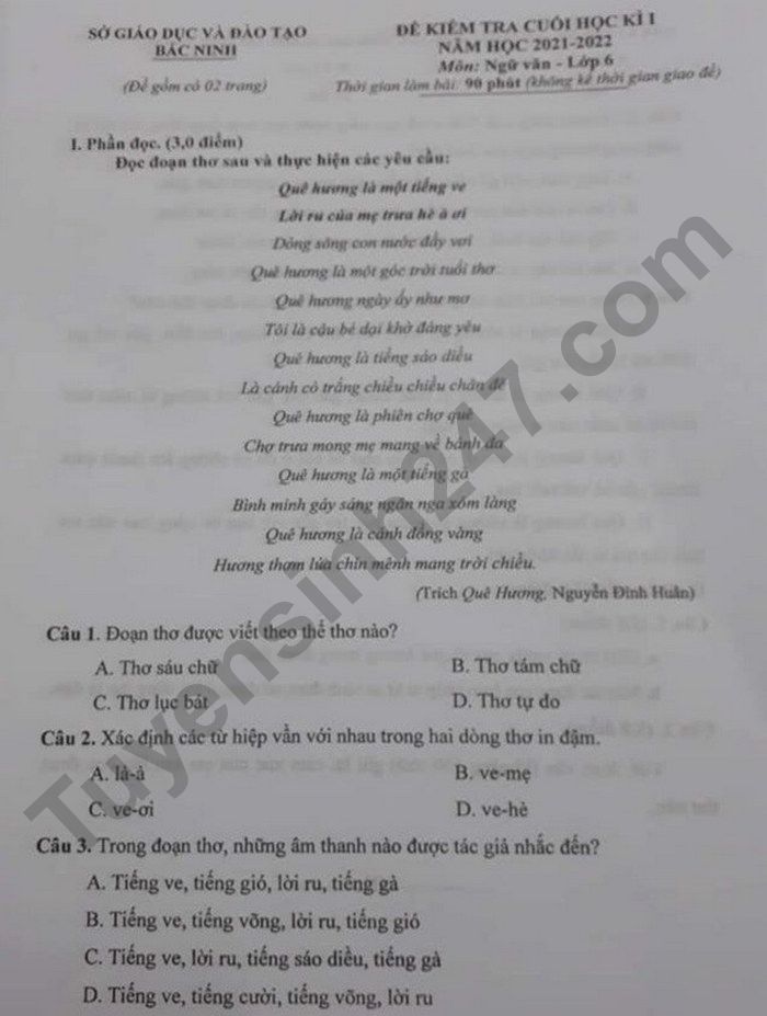 De thi cuoi ki 1 tinh Bac Ninh nam 2021 lop 6 mon Van