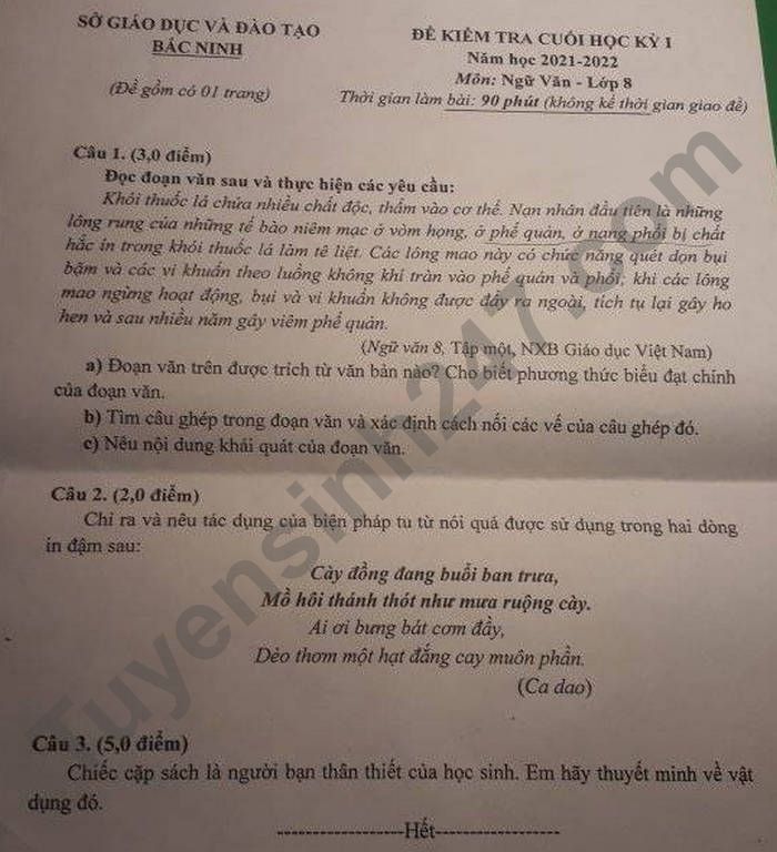 De thi cuoi ki 1 tinh Bac Ninh 2021 lop 8 mon Van