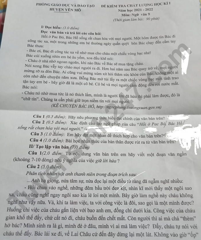 De thi cuoi ki 1 huyen Yen Mo lop 9 mon Van nam 2021