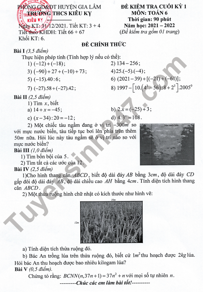 De thi hoc ki 1  lop 6 mon Toan THCS Kieu Ky 2021