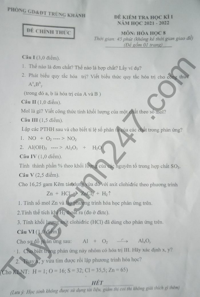 De thi hoc ki 1 huyen Trung Khanh 2021 mon Hoa 8