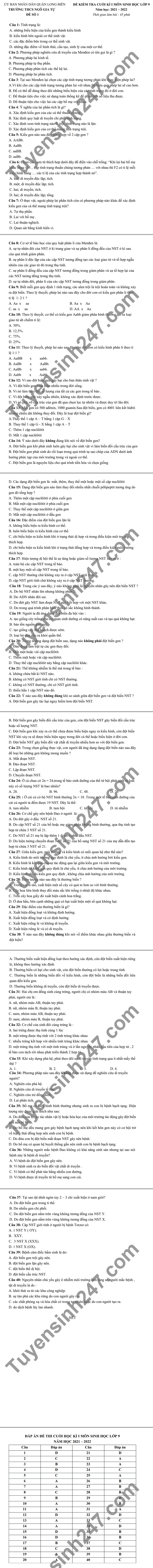 De thi ki 1 mon Sinh lop 9 THCS Ngo Gia Tu 2021