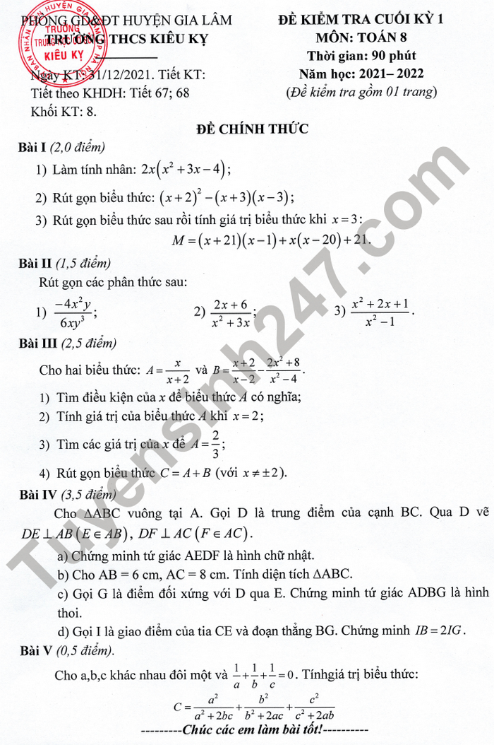 De thi hoc ki 1 mon Toan 8 THCS Kieu Ky nam 2021