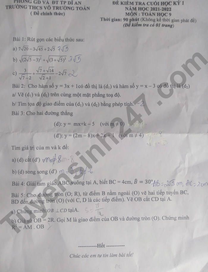 De thi ki 1 mon Toan lop 9 THCS Vo Truong Toan 2021
