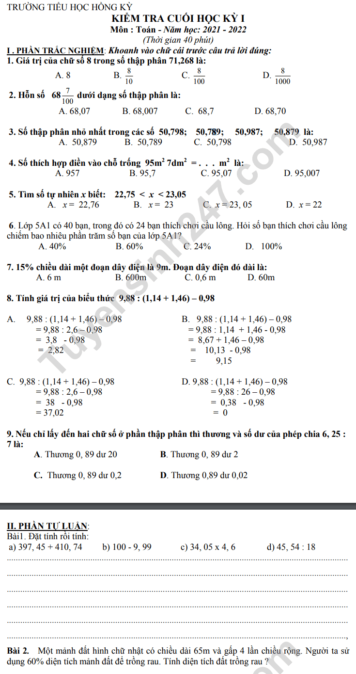 De thi cuoi ki 1 mon Toan lop 5 nam 2021 - TH Hong Ky