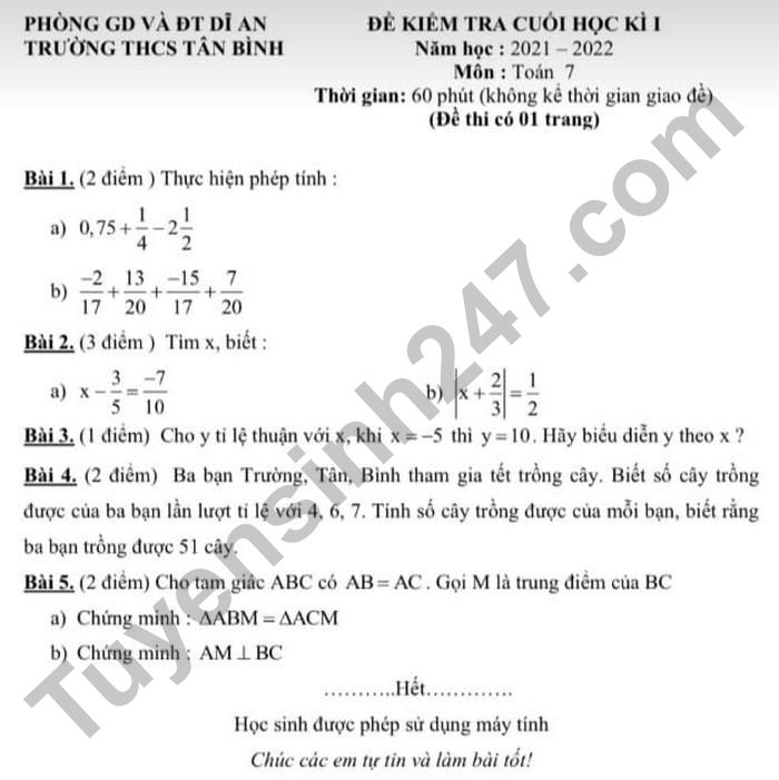 De thi cuoi ki 1 Toan 7 THCS Tan Binh nam 2021 - 2022
