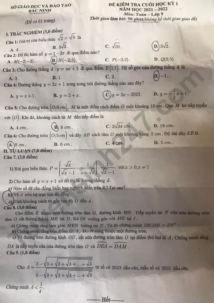 De thi hoc ki 1 mon Toan lop 9 So GD Bac Ninh 2021 - 2022