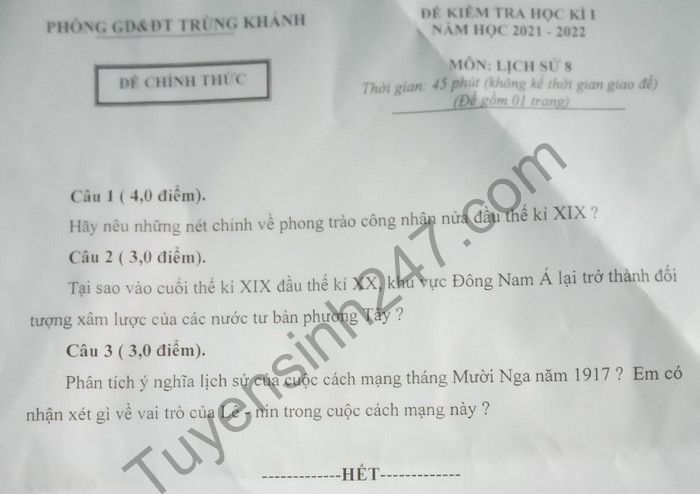 De thi hoc ki 1 mon Su 8 huyen Trung Khanh 2021