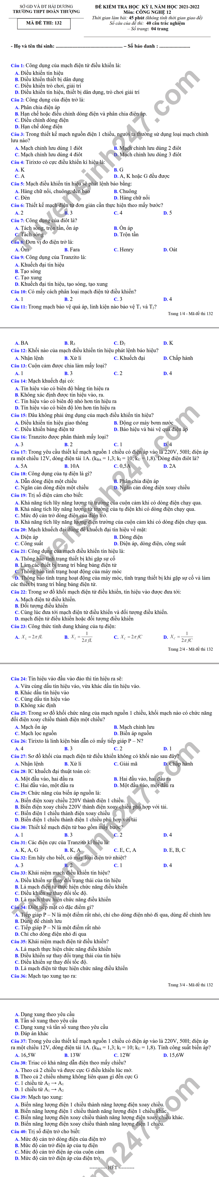 De thi ki 1 2021 mon Cong nghe lop 12 - THPT Doan Thuong
