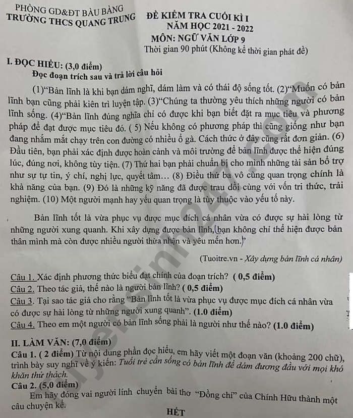 De thi hoc ki 1 THCS Quang Trung 2021 mon Van 9 nam 2021